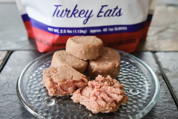 RAWR Turkey Eats package with the food out in a glass bowl in front